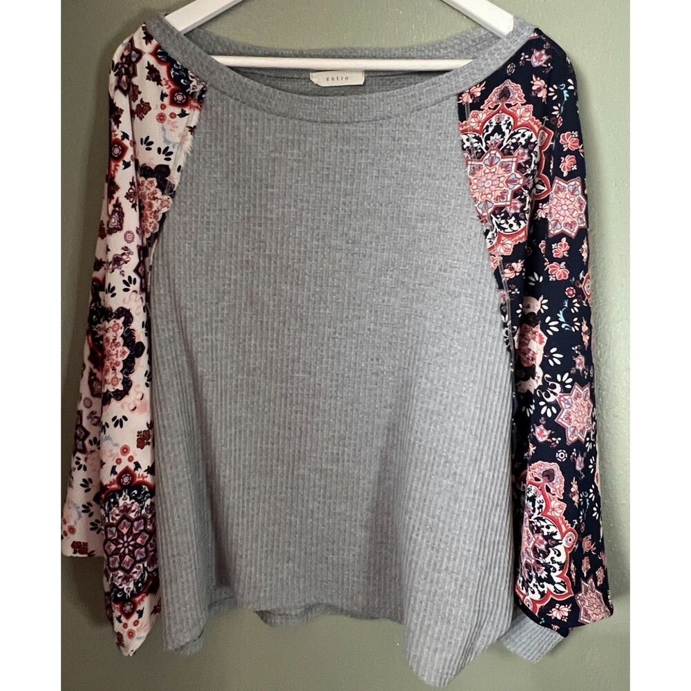 Entro Gray Waffleknit Long Sleeve Floral Raglan Sleeves Size XL